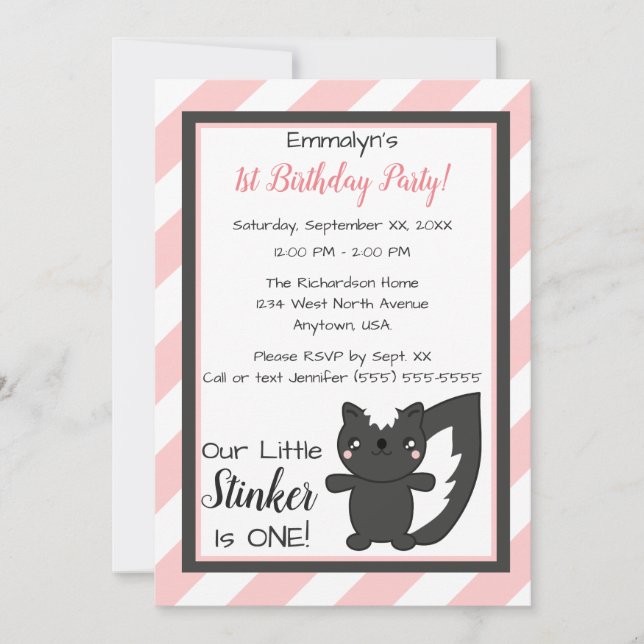 Little Stinker Pink Stripes Skunk First Birthday Invitation (Front)