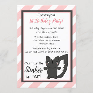Little Stinker Pink Stripes Skunk First Birthday Invitation