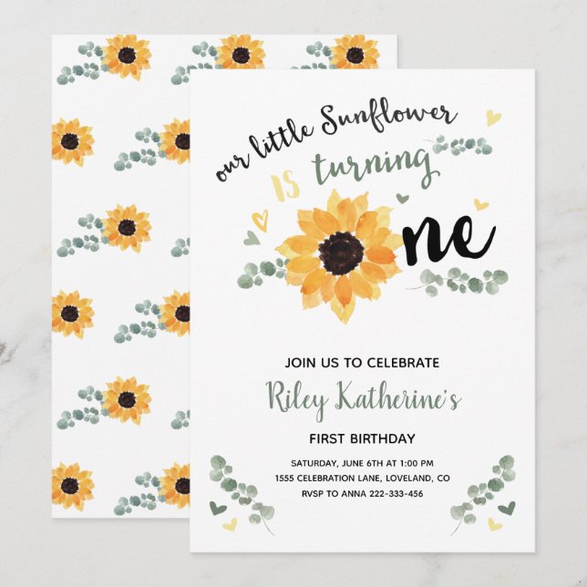 Little Sunflower 1st Birthday Invitation (Front/Back)
