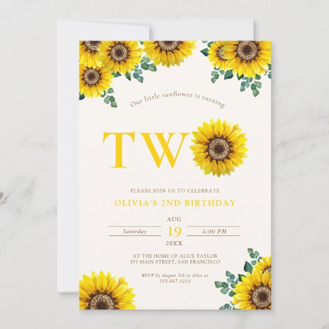 Little Sunflower 2nd Birthday  Invitation (Front)