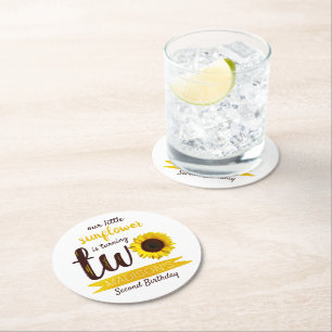 Little Sunflower 2nd Birthday Party Round Paper Coaster