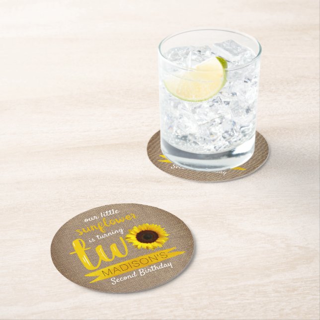 Little Sunflower 2nd Birthday Party Round Paper Coaster (Insitu)