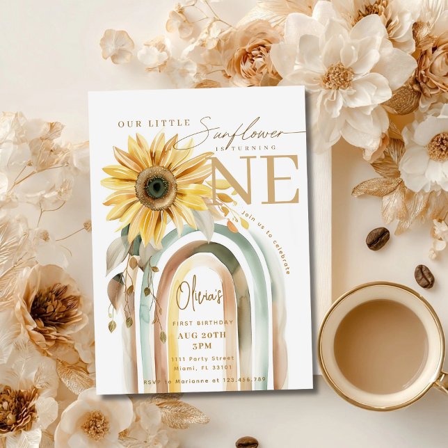 Little Sunflower Boho Rainbow First 1st Birthday Invitation (Creator Uploaded)