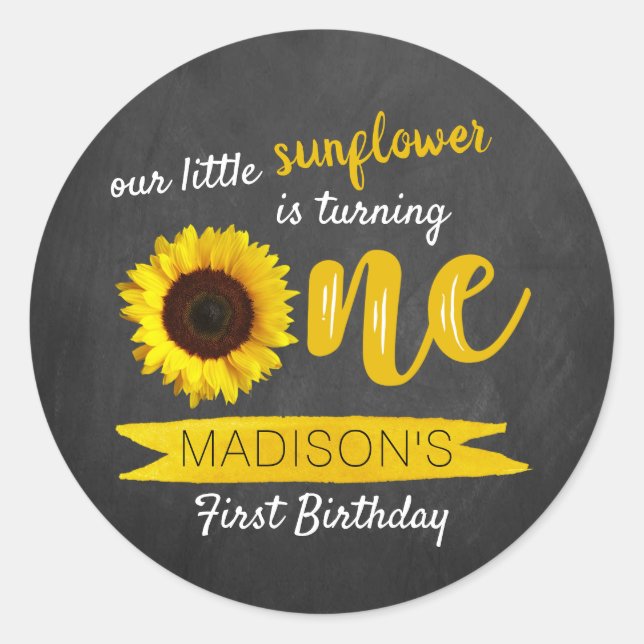 Little Sunflower Chalkboard 1st Birthday Classic Round Sticker (Front)