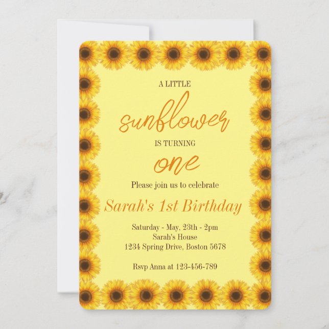 Little Sunflower Floral Girl First Birthday Invitation (Front)