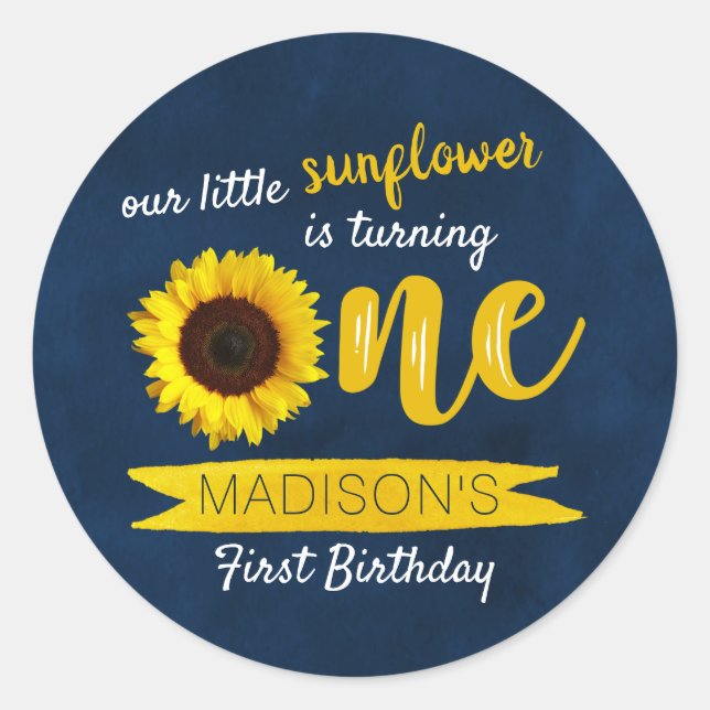 Little Sunflower Navy Blue 1st Birthday Classic Round Sticker (Front)