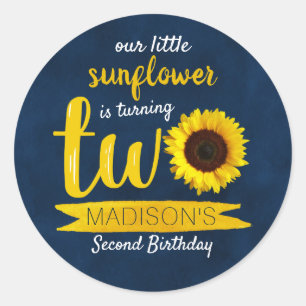 Little Sunflower Navy Blue 2nd Birthday Classic Round Sticker