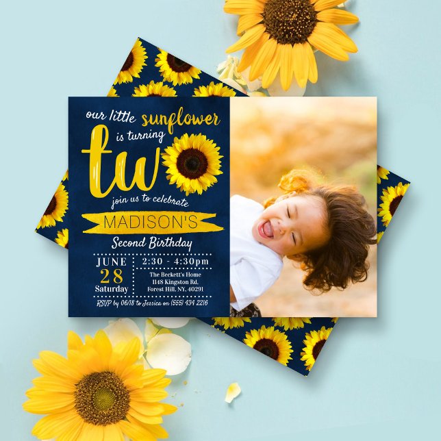 Little Sunflower Navy Blue 2nd Birthday Photo Invitation (Creator Uploaded)