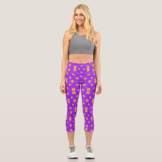 Little sunflower on bright purple background capri leggings (Front)
