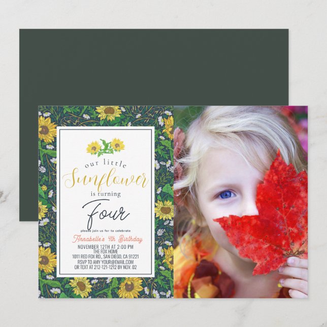 Little Sunflower Pattern Navy Birthday Photo Invitation (Front/Back)