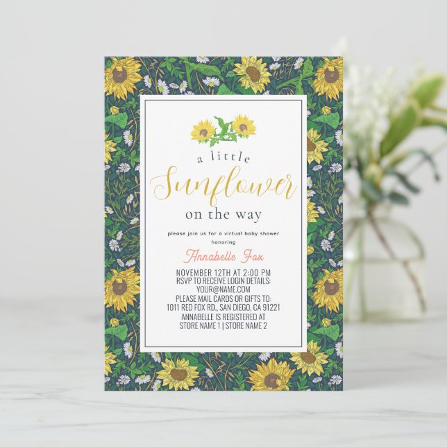 Little Sunflower Pattern Navy Virtual Baby Shower Invitation (Standing Front)
