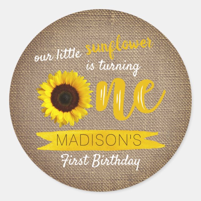 Little Sunflower Rustic Burlap 1st Birthday Classic Round Sticker (Front)