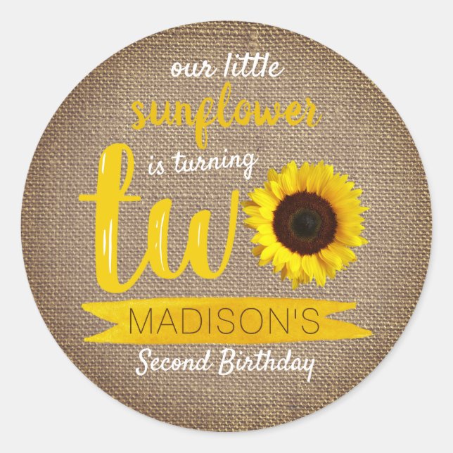 Little Sunflower Rustic Burlap 2nd Birthday Classic Round Sticker (Front)