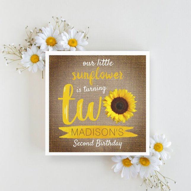 Little Sunflower Rustic Burlap 2nd Birthday Napkin (Creator Uploaded)