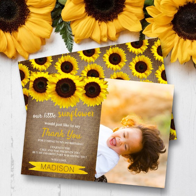 Little Sunflower Rustic Burlap Photo Birthday Thank You Card (Creator Uploaded)