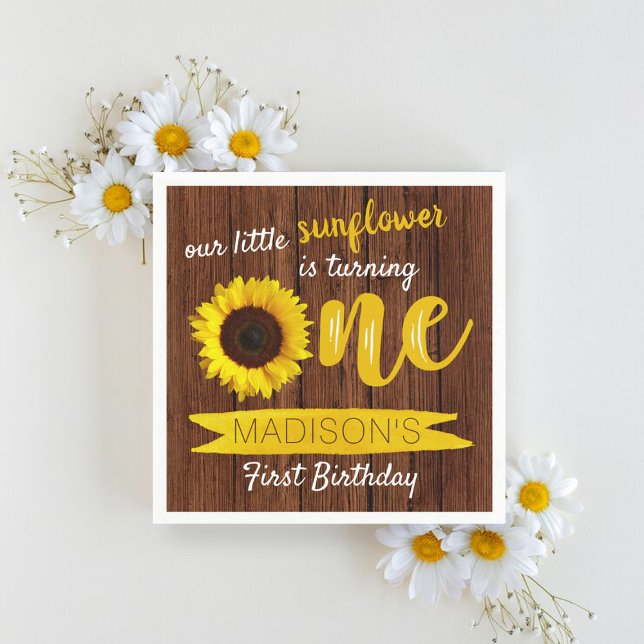 Little Sunflower Rustic Wood 1st Birthday Napkin (Creator Uploaded)
