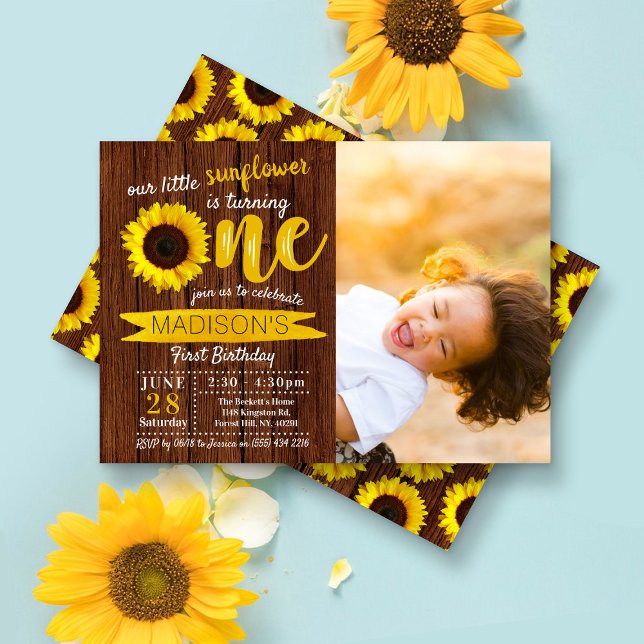 Little Sunflower Rustic Wood 1st Birthday Photo Invitation (Creator Uploaded)