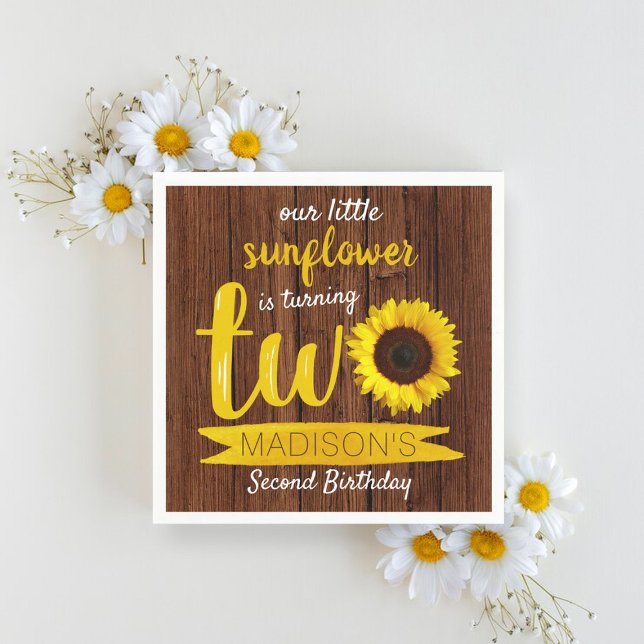 Little Sunflower Rustic Wood 2nd Birthday Napkin (Creator Uploaded)