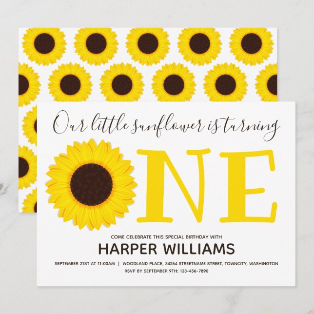 Little Sunflower Turning One Floral First Birthday Invitation (Front/Back)