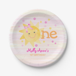 Little Sunshine 1st Birthday Girl Pink Yellow Paper Plate