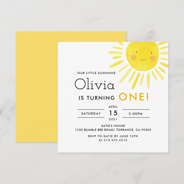 Little Sunshine 1st Birthday Party Square Invitation (Front/Back)