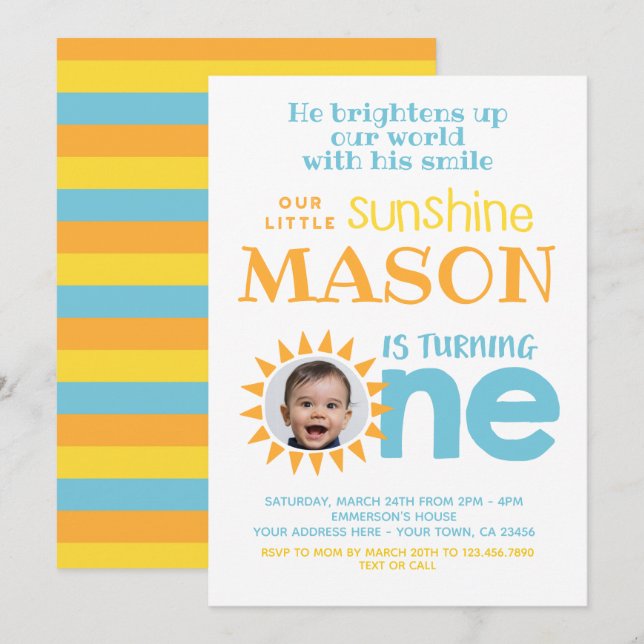 Little Sunshine 1st Birthday with Photo Invitation (Front/Back)