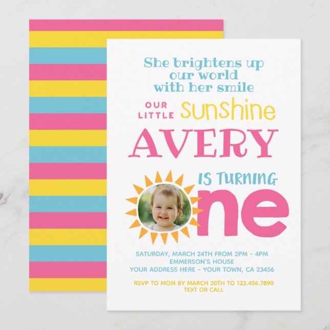 Little Sunshine 1st Birthday with photo Invitation (Front/Back)