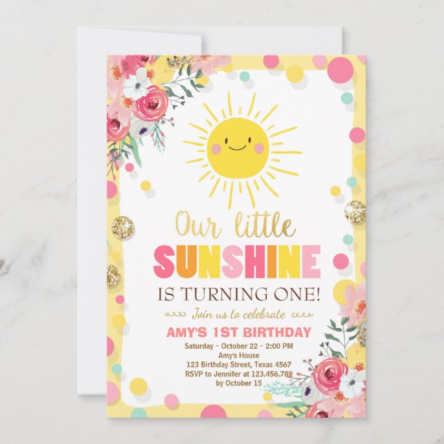 Little sunshine Birthday invitation Pink Floral (Front)