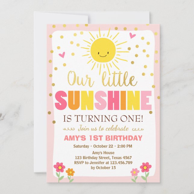 Little sunshine Birthday invitation Pink Gold Girl (Front)