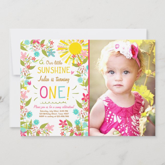 Little Sunshine Birthday Party Invitation Floral (Front)
