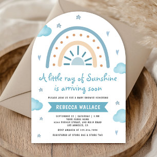 Little Sunshine Blue Boho Rainbow Arch Baby Shower Invitation