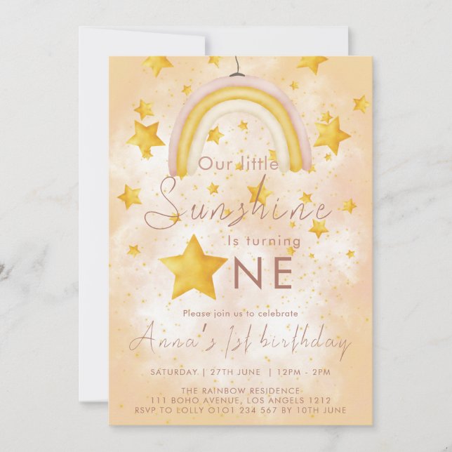 Little Sunshine Boho Rainbow Gold Star Birthday Invitation (Front)