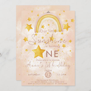 Little Sunshine Boho Rainbow Gold Star Birthday Invitation