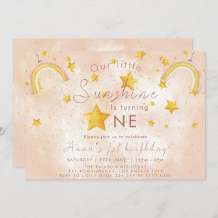 Little Sunshine Boho Rainbow Gold Star Birthday Invitation