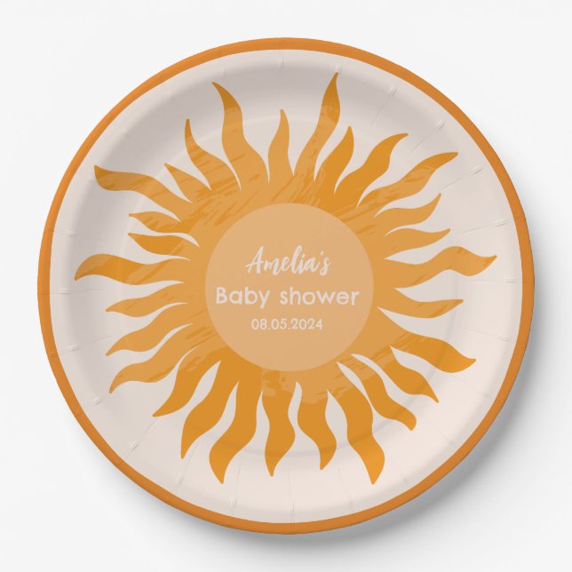 Little sunshine boho watercolor Sun Baby Shower Paper Plate (Front)