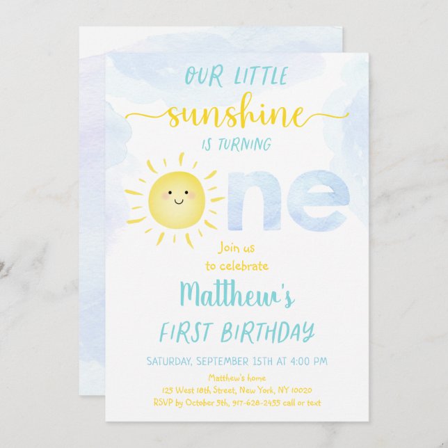 Little Sunshine Boy First Birthday Invitation (Front/Back)