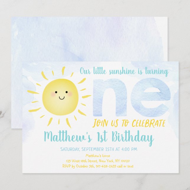 Little Sunshine Boy First Birthday Invitation (Front/Back)