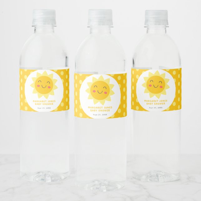Little Sunshine Cute Smiling Sun Baby Shower  Water Bottle Label (Bottles)