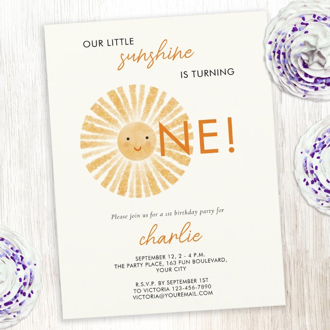 Little Sunshine First 1st Birthday Invitation Postcard (Our little sunshine is turning one! 1st first birthday party invitation postcard with a happy sun)