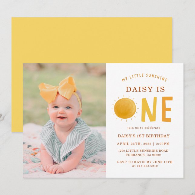 Little Sunshine Is One 1st Birthday Photo Invitation (Front/Back)