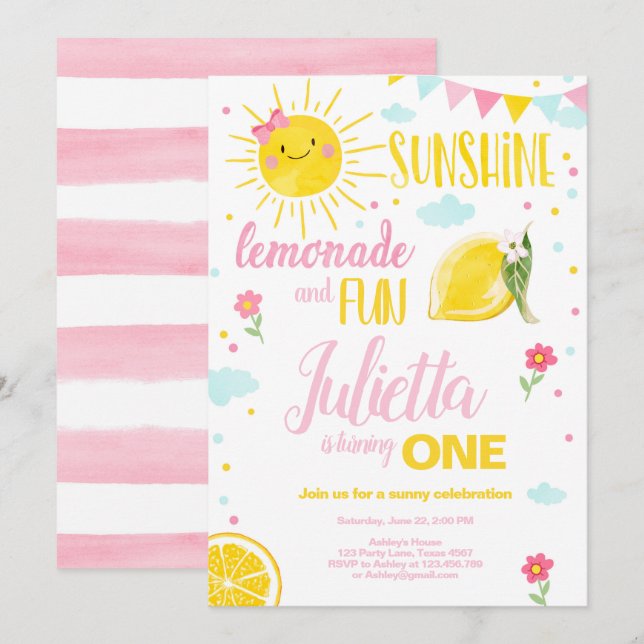 Little Sunshine Lemonade Pink Girl Lemon Birthday Invitation (Front/Back)