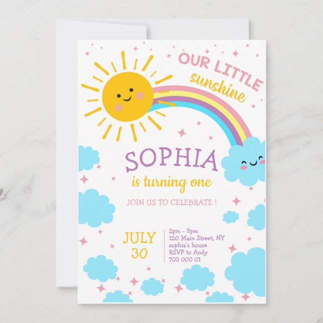Little Sunshine ONE Rainbow Girl 1st Birthday Cute Invitation (Front)