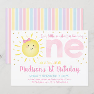 Little Sunshine Pastel Pink Gold First Birthday Invitation