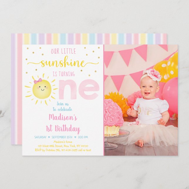 Little Sunshine Pastel Pink Gold First Birthday Invitation (Front/Back)
