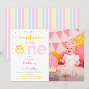 Little Sunshine Pastel Pink Gold First Birthday Invitation