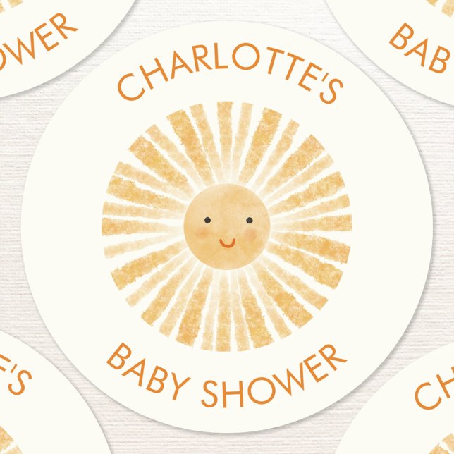 Little Sunshine Personalised Baby Shower Classic Round Sticker (Fun personalized watercolor sunshine baby shower stickers with custom name and text)