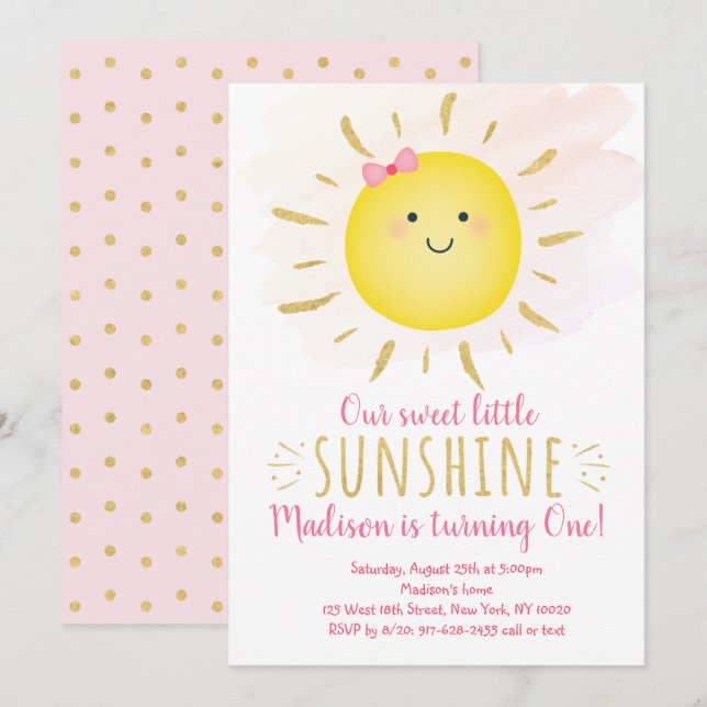 Little Sunshine Pink & Gold Birthday Invitation (Front/Back)