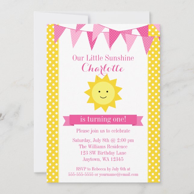Little Sunshine Pink Yellow Bunting Birthday Invitation (Front)