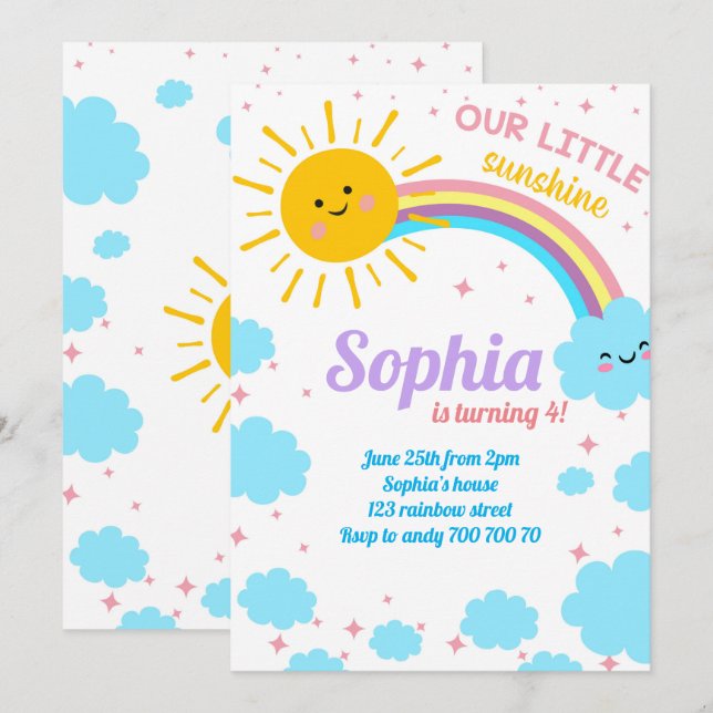 Little Sunshine Rainbow Clouds Pink Sun Birthday Invitation (Front/Back)