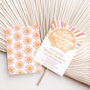 Little Sunshine Retro Pink Sun Girl Baby Shower Invitation